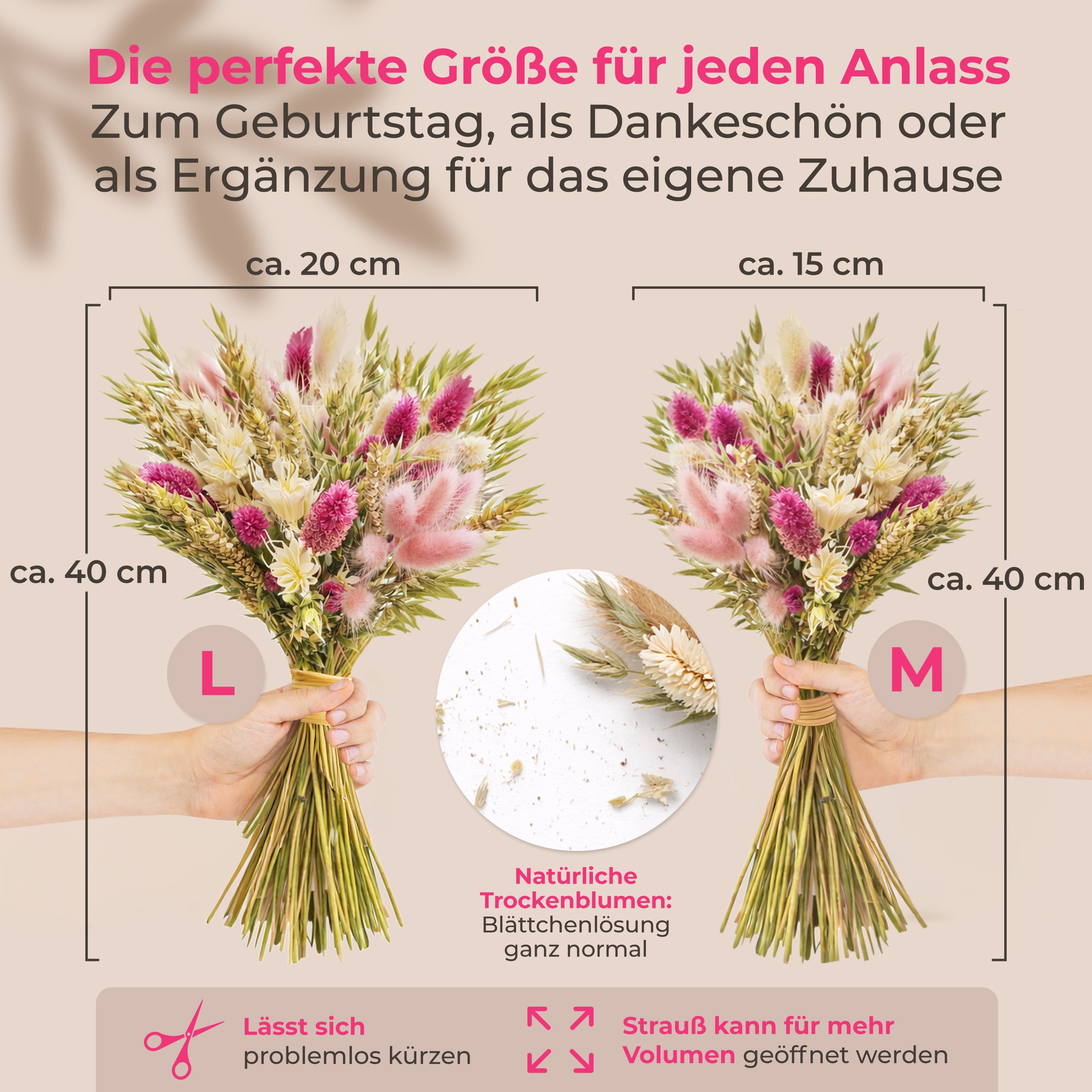 Trockenblumenstrauß Pink Whisper – natürlich & handgebunden Gr. M
