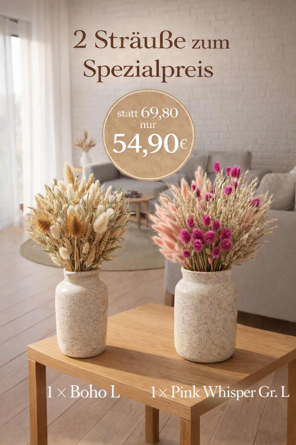 Trockenblumen Set Boho + Pink Whisper – 2 Sträuße Größe L zum Vorteilspreis